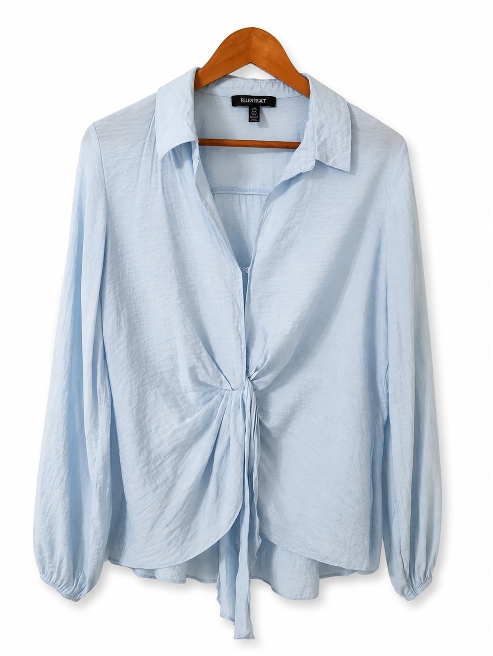 Ellen Tracy Blue Tie Front Blouse Size L Lightweight Long Sleeve